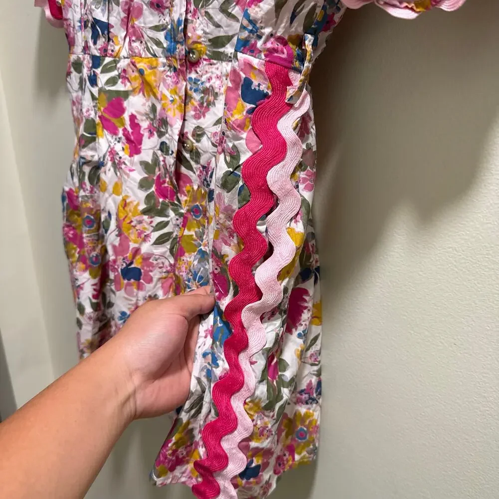 Entro Boutique | Preppy Summer Floral Ric Rac Trim Romper 100% Cotton Spring - Picture 6 of 13